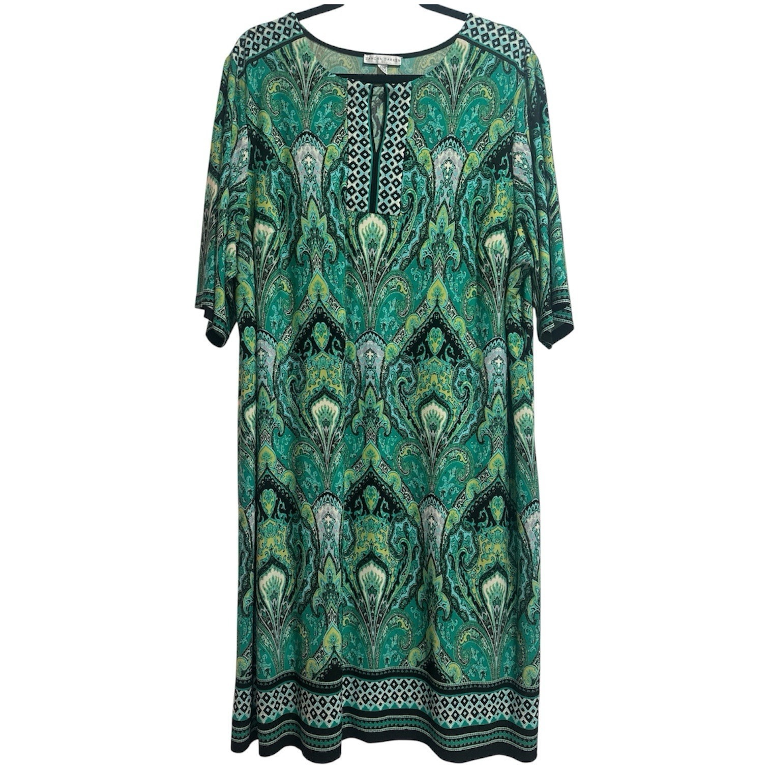 Sandra Darren Paisley Print Midi Shift Dress Ornate Green/Blk/Wht Pattern 20w